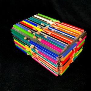 P!Q ReClaimed Wooden Box Covered wColored Pencils Desk Storage Recycled Art